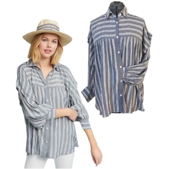 Harshman Randall Grey White Twin Striped Oversized Button Down Blouse Size Small - Picture 1 of 15